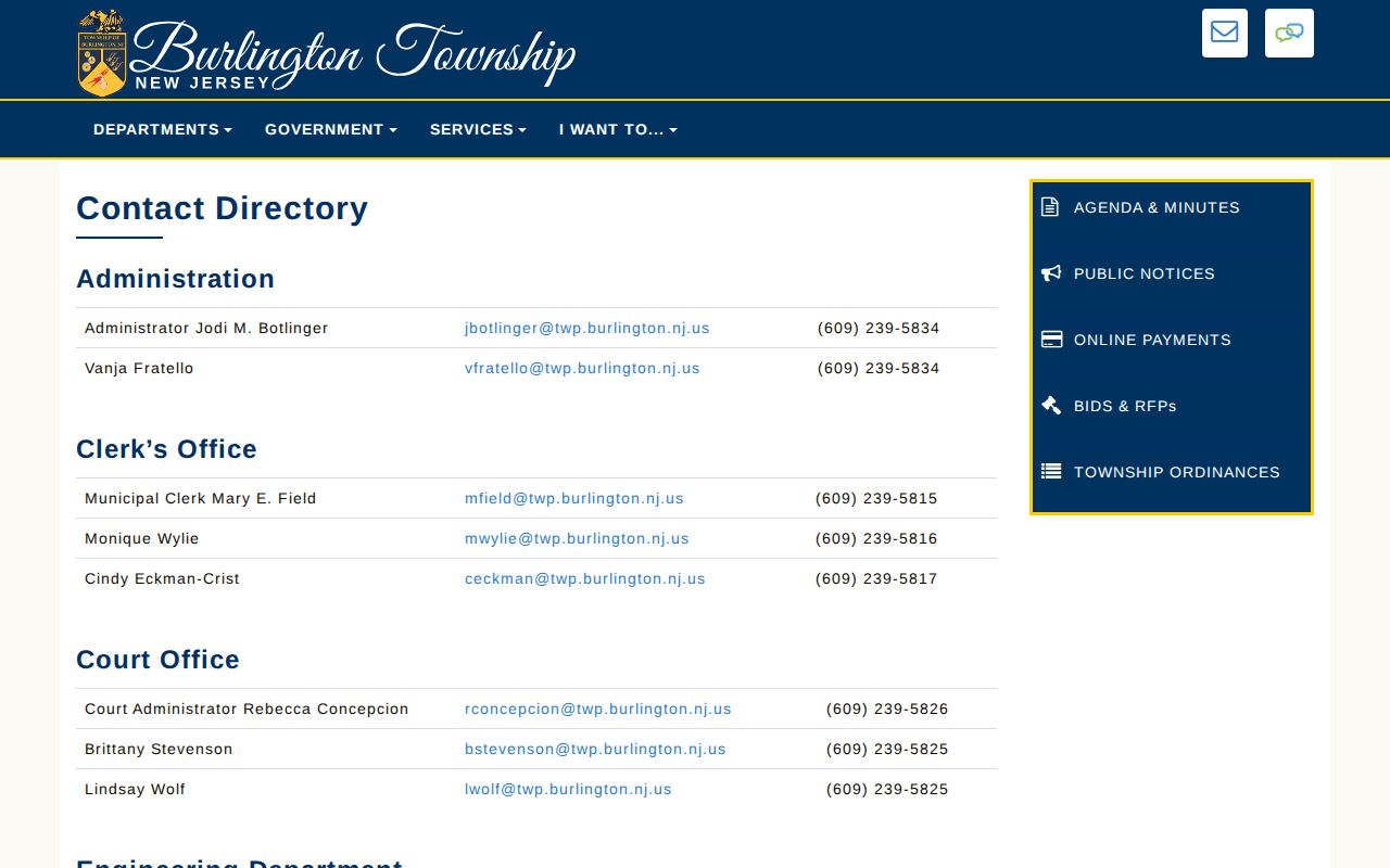 Burlington Township street directory assessor contact page for parcel-specific address records