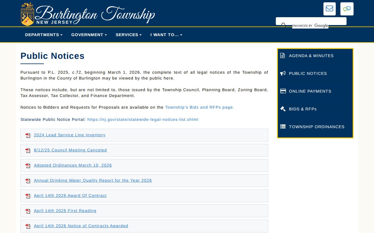 Burlington Township ZIP code directory public-notices page for address research
